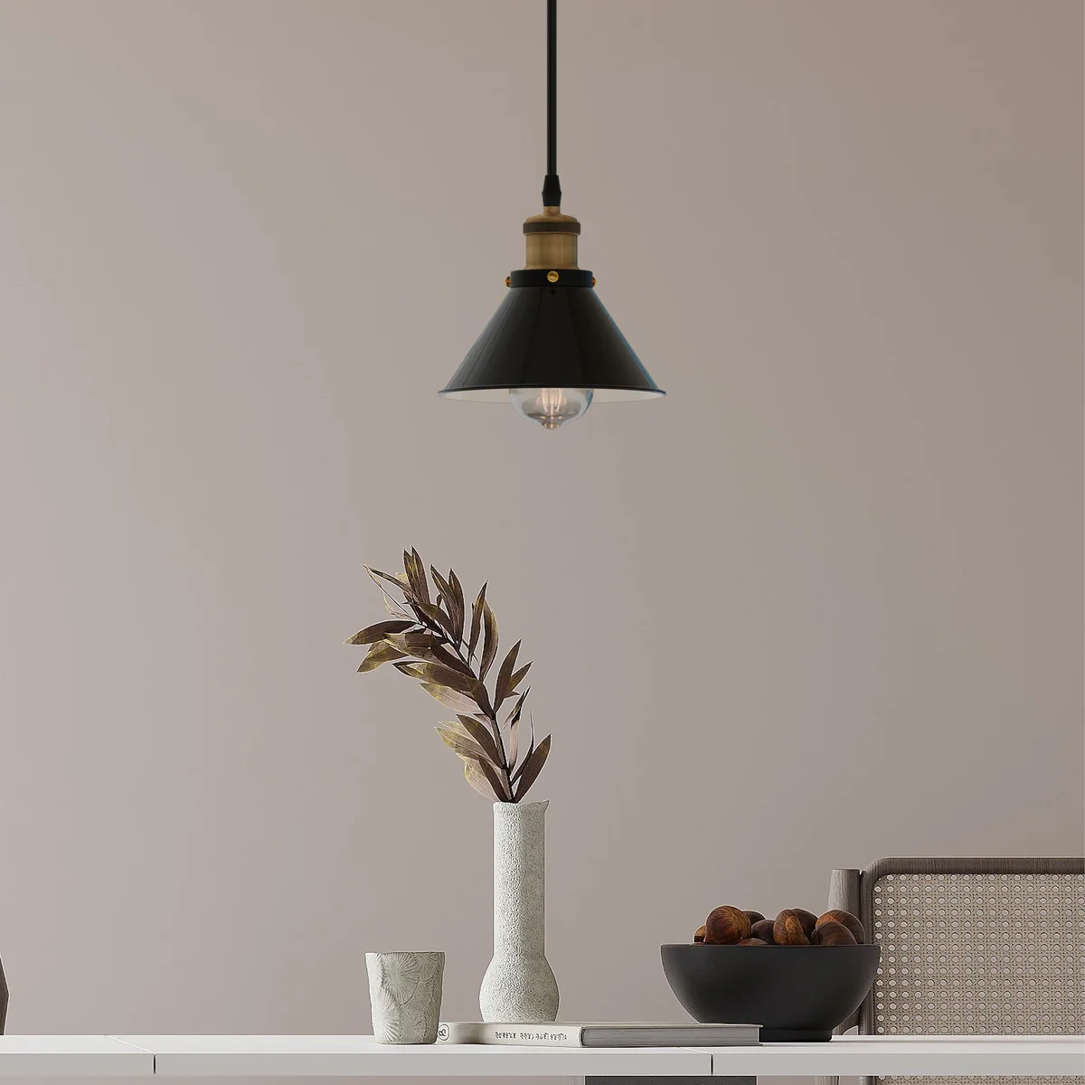 Shiny black industrial cone pendant light with adjustable metal shade hanging from ceiling fitting
