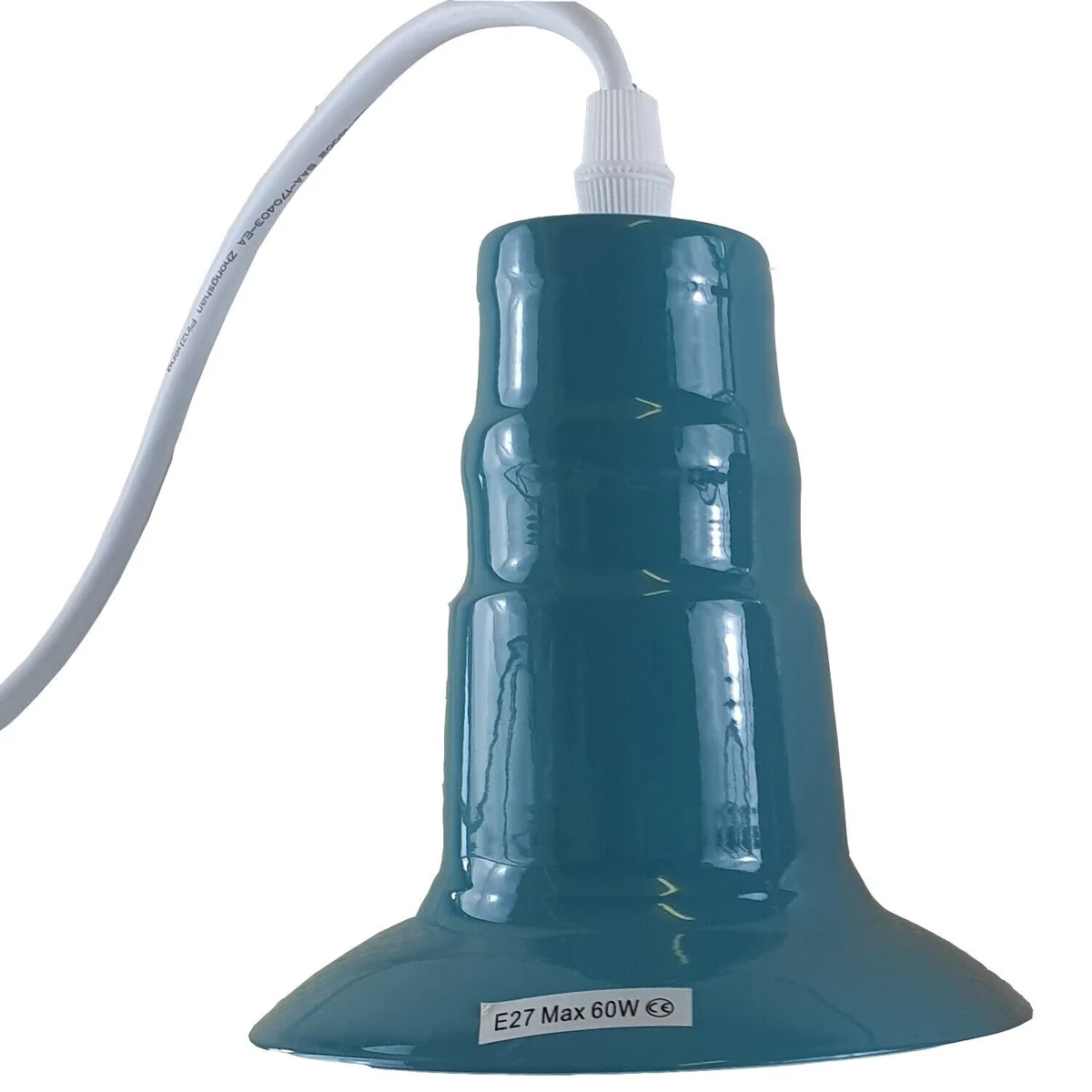 Green E27 ceiling light fitting with metal pendant lamp holder and 95cm PVC wire hanging from ceiling rose