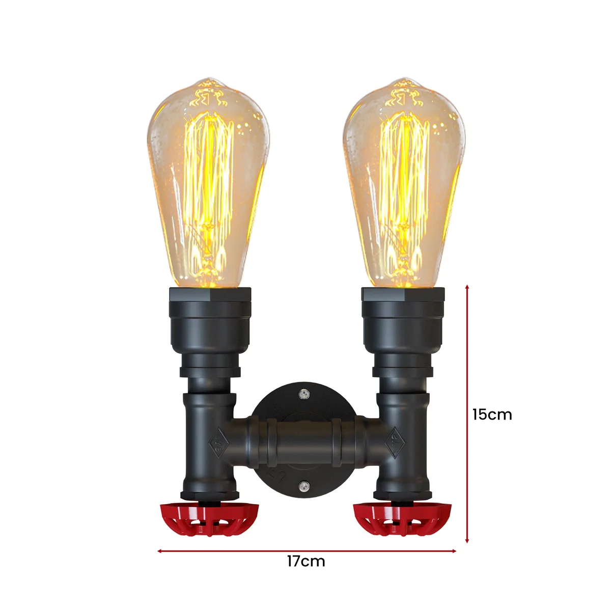 Twin industrial wall lamp with steampunk water pipe design, dual E27 bulb holders, black metal and red valve details