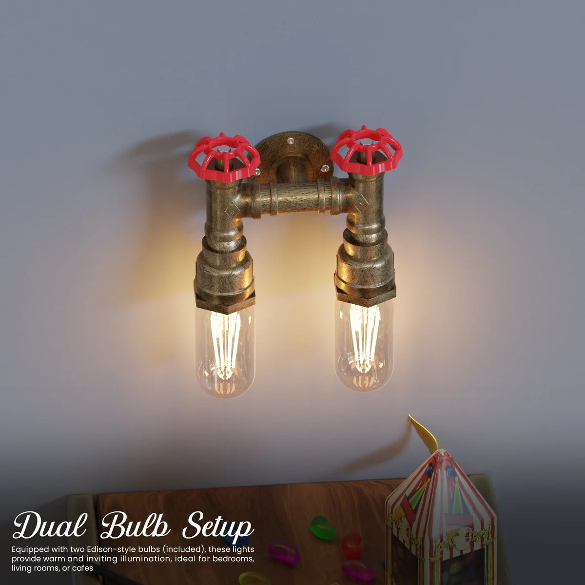 Twin pipe wall light with dual industrial steampunk water pipe arms, red valve details, black metal finish mounted on wall