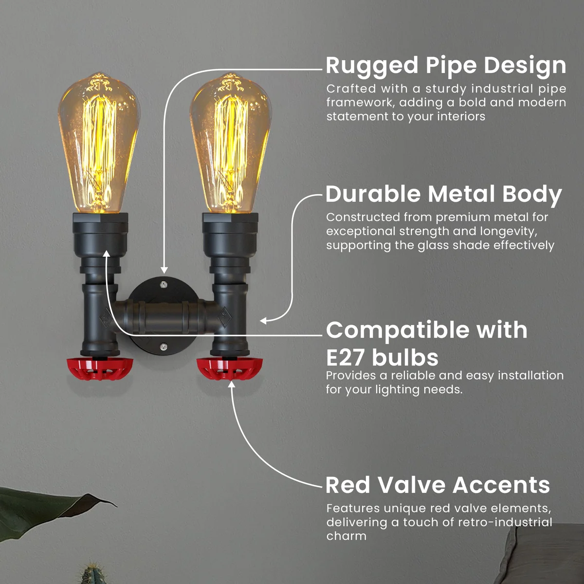 Twin industrial vintage metal wall sconce with dual pipe arms, red valves, and black metal finish mounted on wall