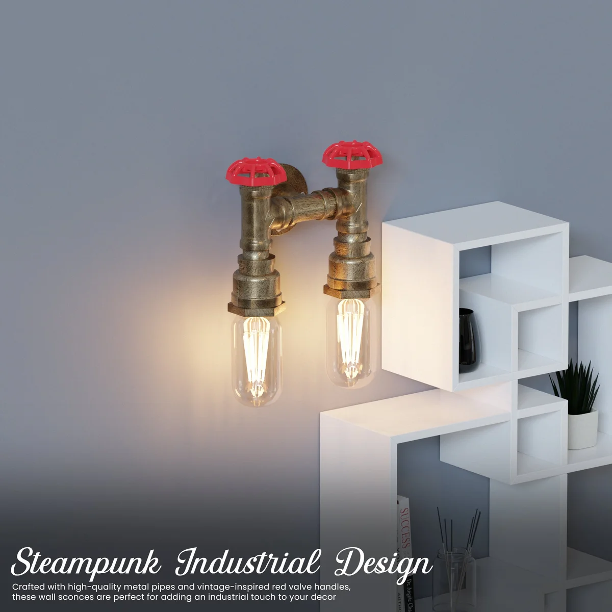 Twin industrial steampunk water pipe E27 wall light with dual pipe arms and red valve detail, black metal finish on wall