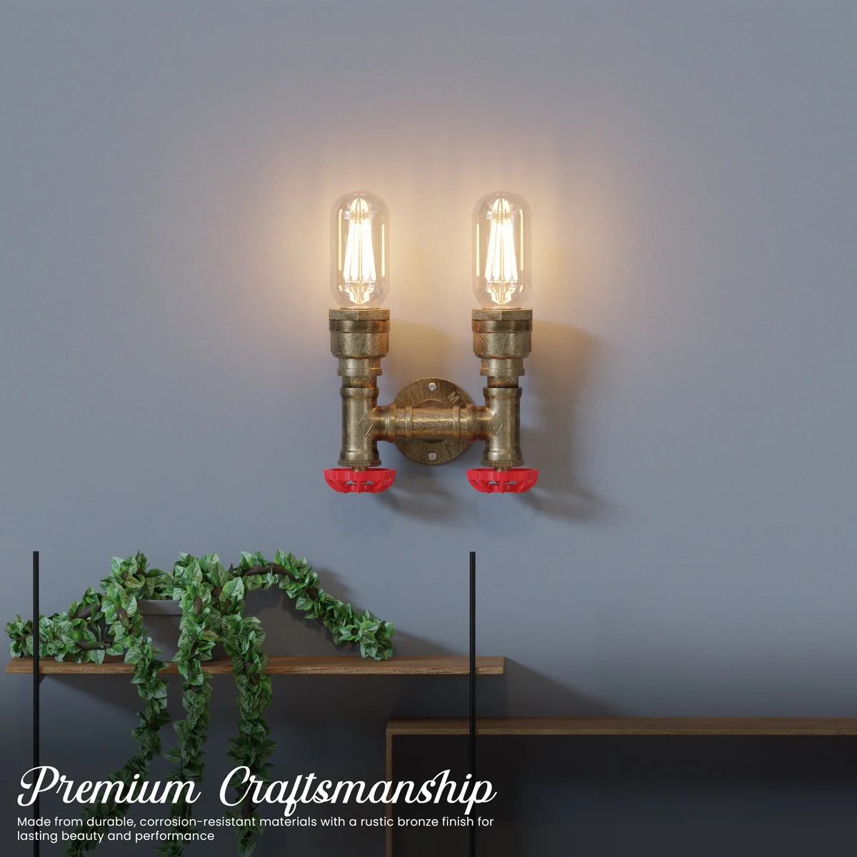 Twin steampunk wall light with dual black metal water pipe arms and red valve details mounted on a wall
