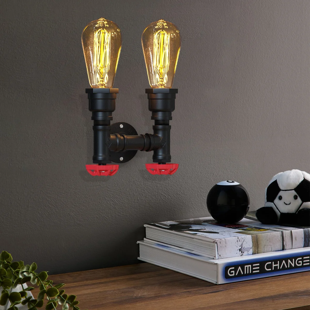 Twin steampunk wall light with dual black metal pipes, red valve handles, and two E27 bulb sockets mounted on wall