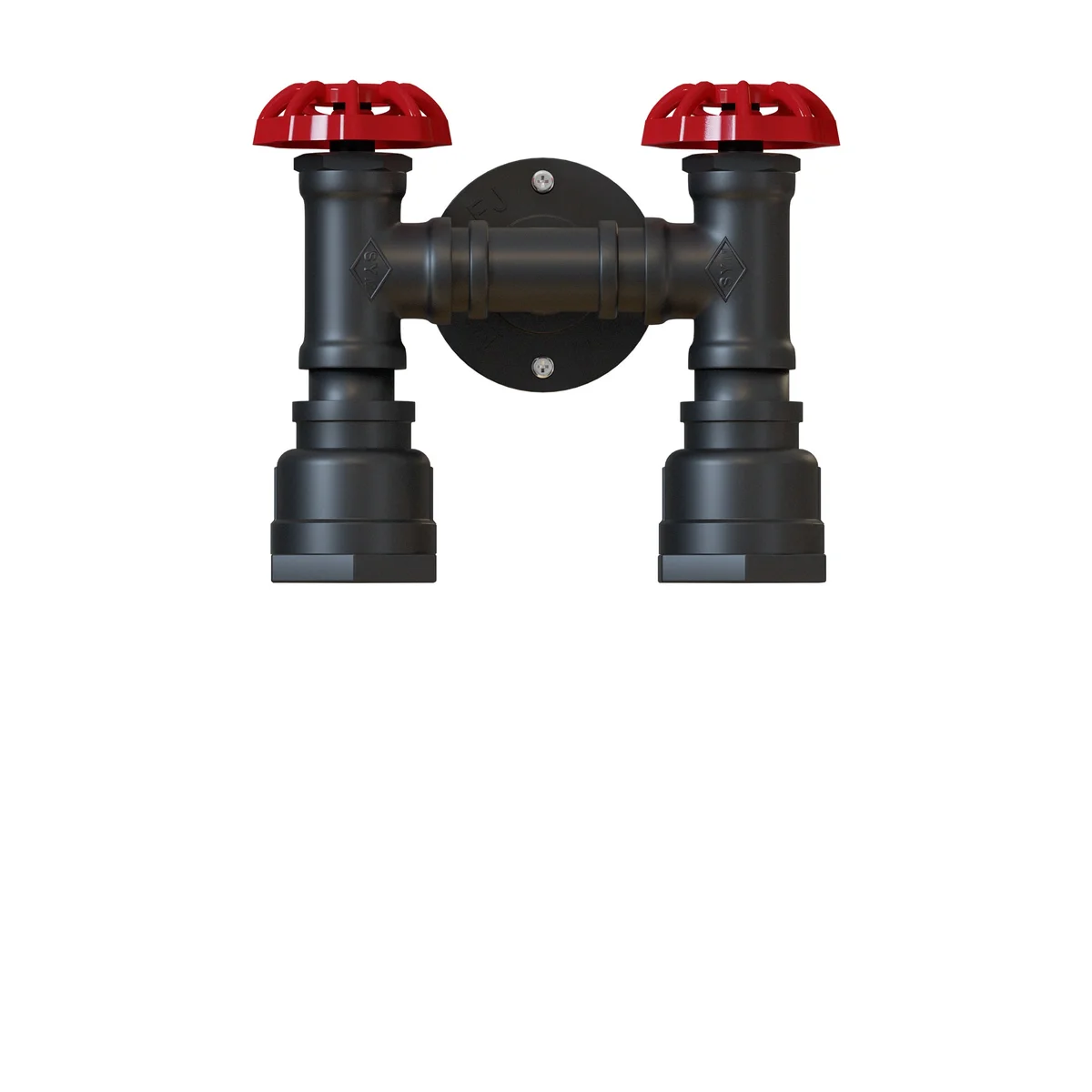 Twin industrial steampunk wall light with dual black metal pipes and red valve detail, suitable for indoor wall mounting.