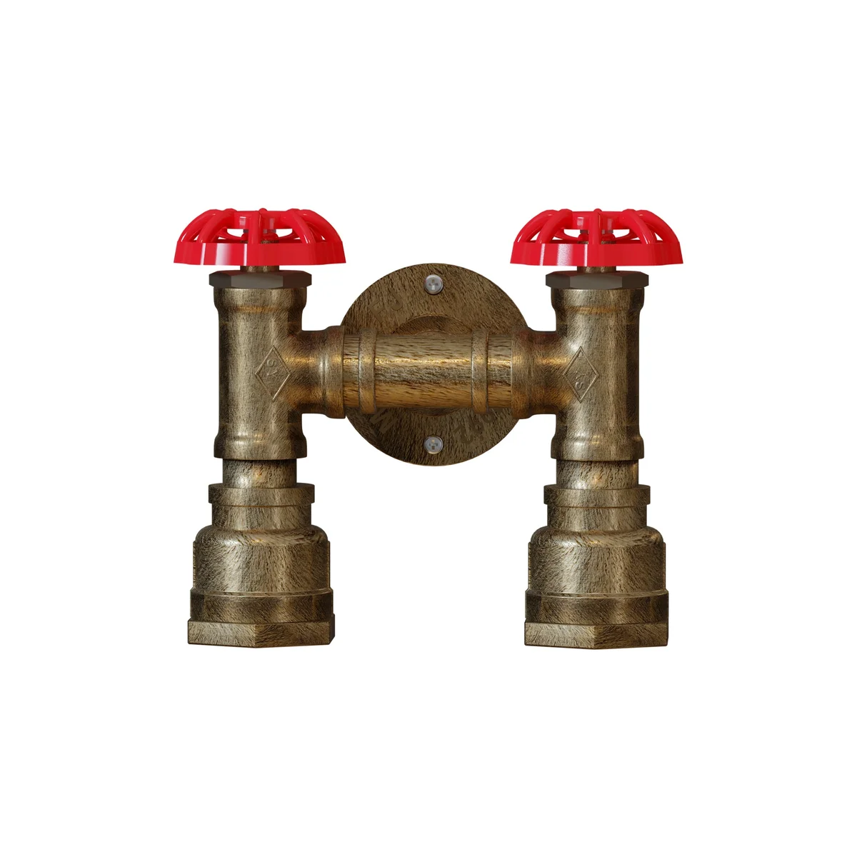 Twin steampunk wall light with dual black metal pipes, red valve handles, and two E27 bulb sockets on wall mount