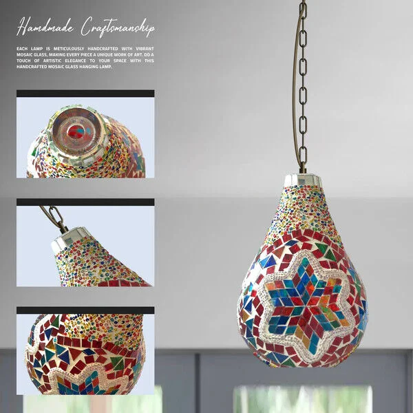 Handcrafted bulb-shaped mosaic pendant light with vibrant star-patterned glass tiles hanging from an adjustable chain