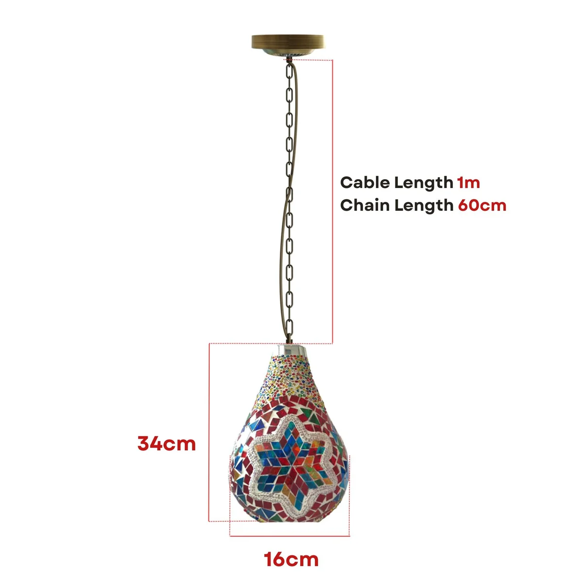 Bulb-shaped adjustable hanging light with vibrant multicolour mosaic glass tiles in star patterns suspended by chain