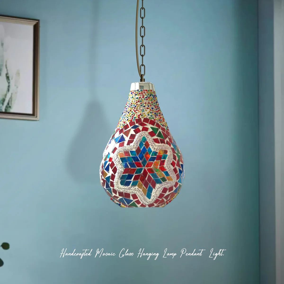 Handcrafted multicolour glass pendant light with mosaic star patterns, bulb shape, hanging from adjustable chain indoors