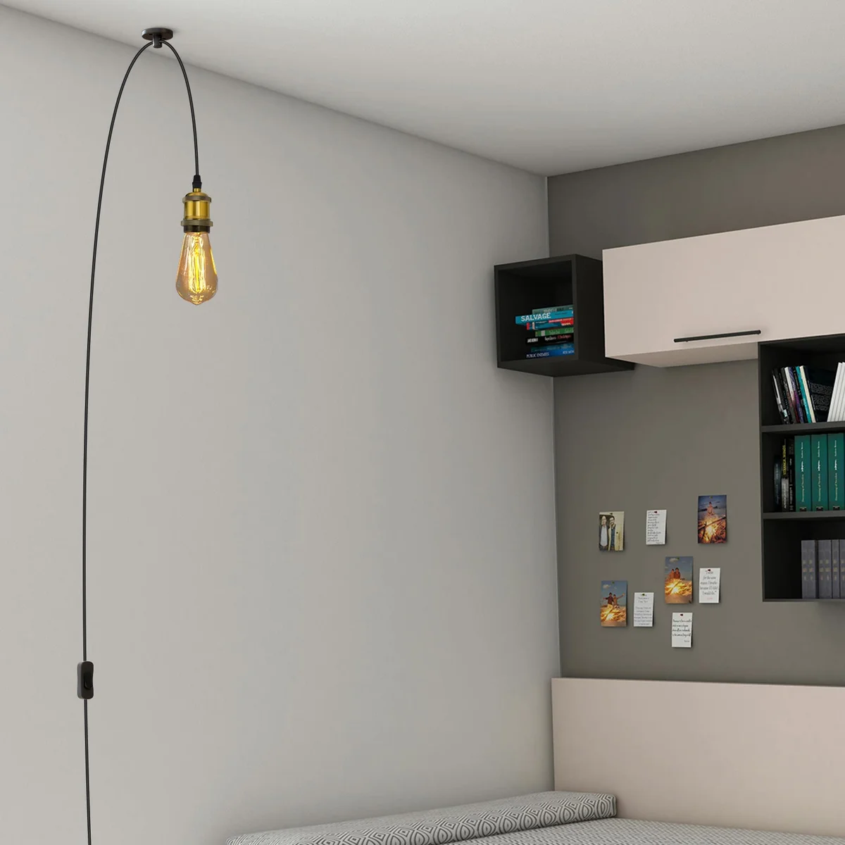 Vintage style ceiling mounted light with metal dome shade, fabric cable, and on/off switch hanging from ceiling hook