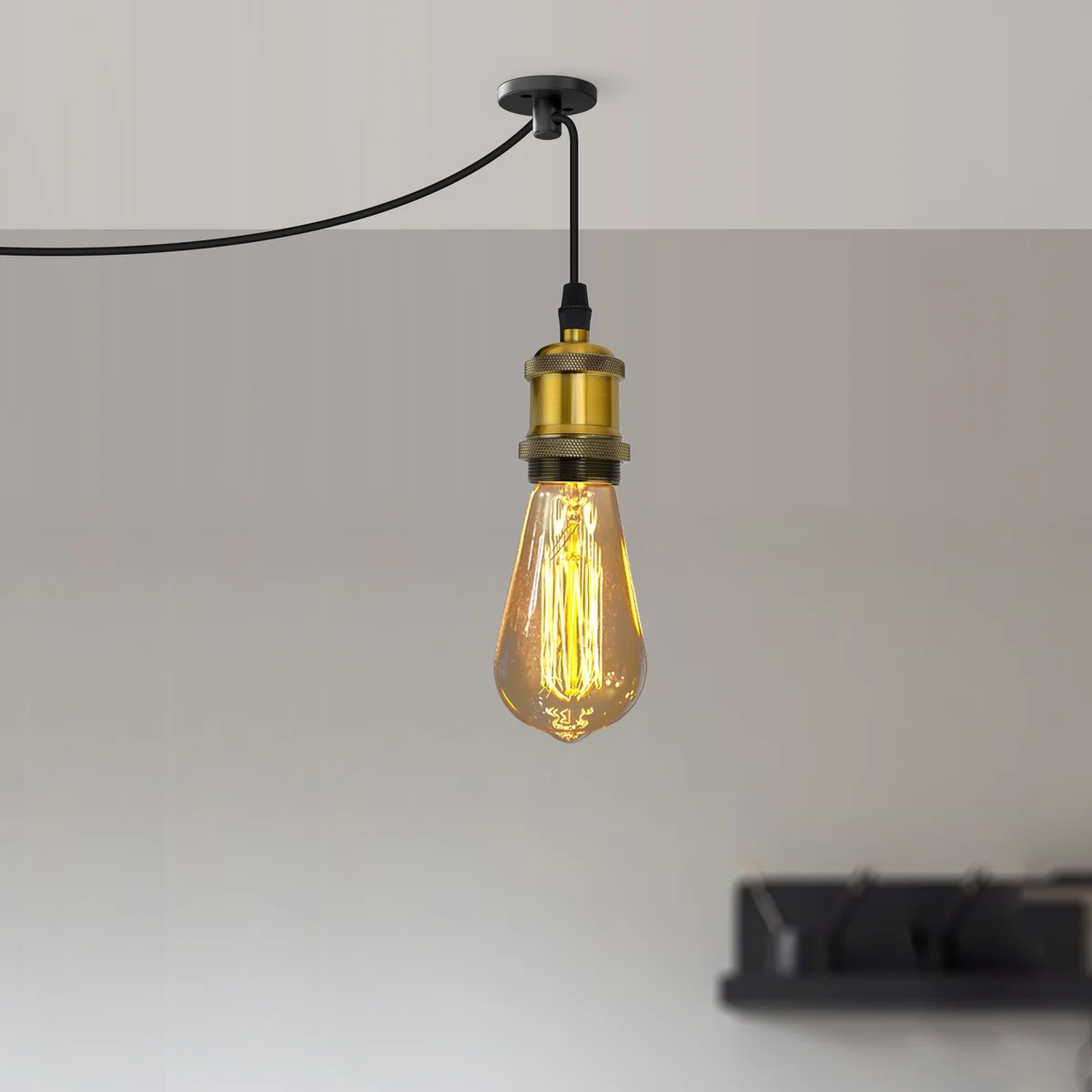 Vintage style ceiling mount pendant light with dome shade, metal holder, fabric cable, and E27 bulb pendant with switch