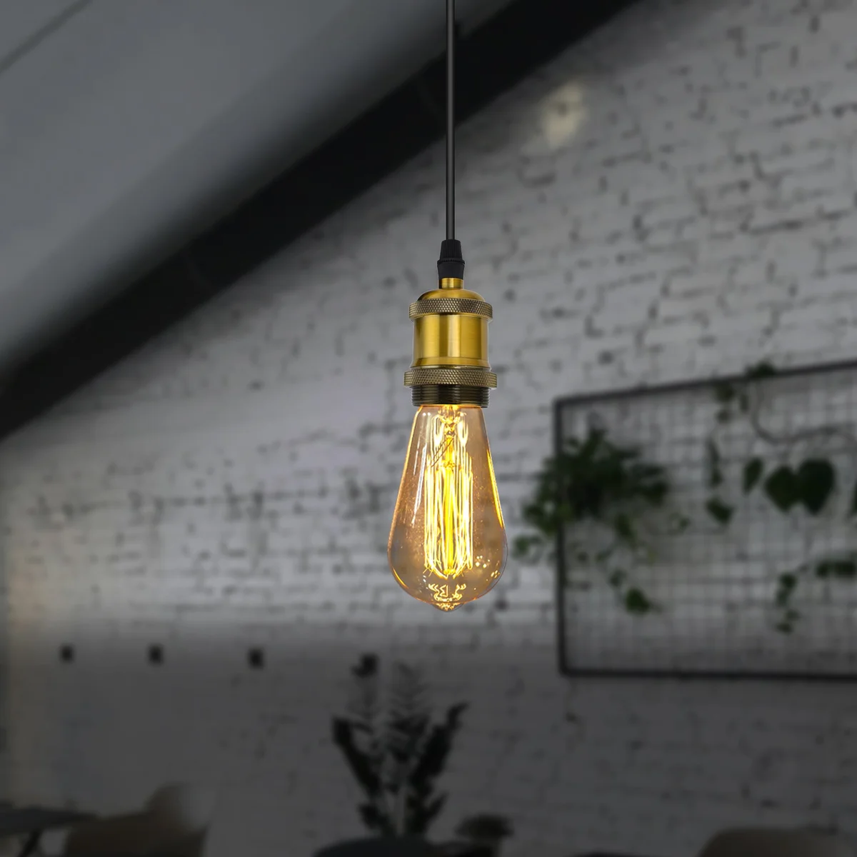 Vintage style indoor hanging light with metal dome shade, fabric cable, and ceiling mount with hook and on/off switch