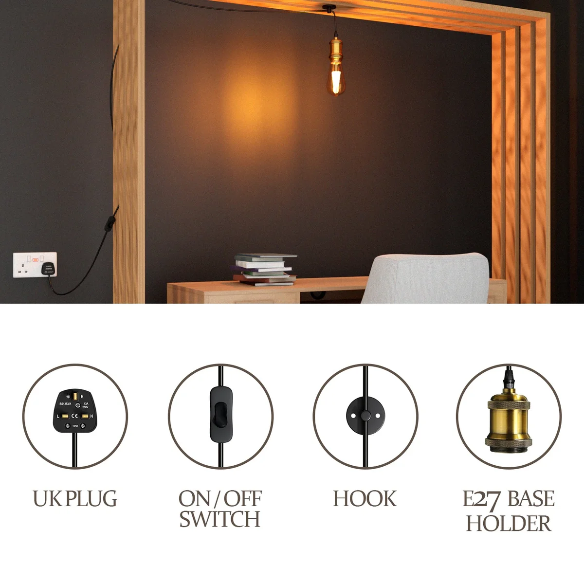 Vintage style plugin pendant light with metal dome shade, hanging cable, and on/off switch for indoor use
