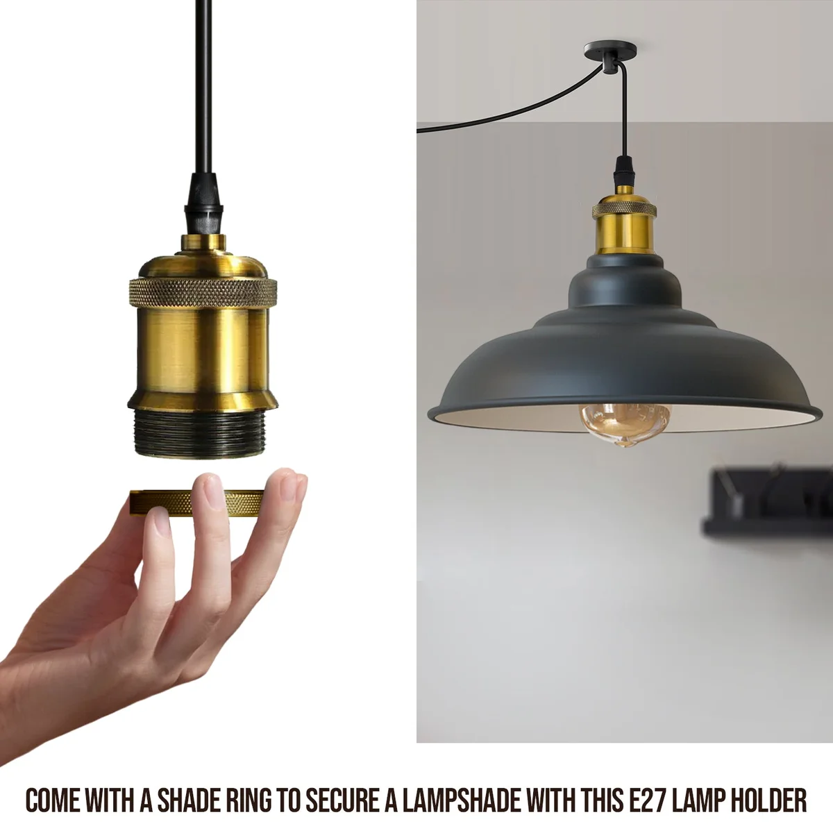 Vintage style plugin pendant light with metal dome shade, fabric cable, and on/off switch mounted on ceiling hook