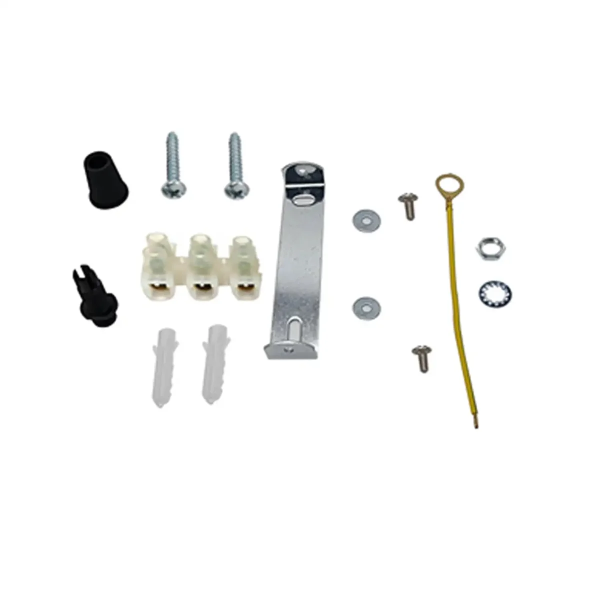 Silver metal ceiling plate bracket with mounting hardware including screws, nuts, wall plugs, and earth lead accessories