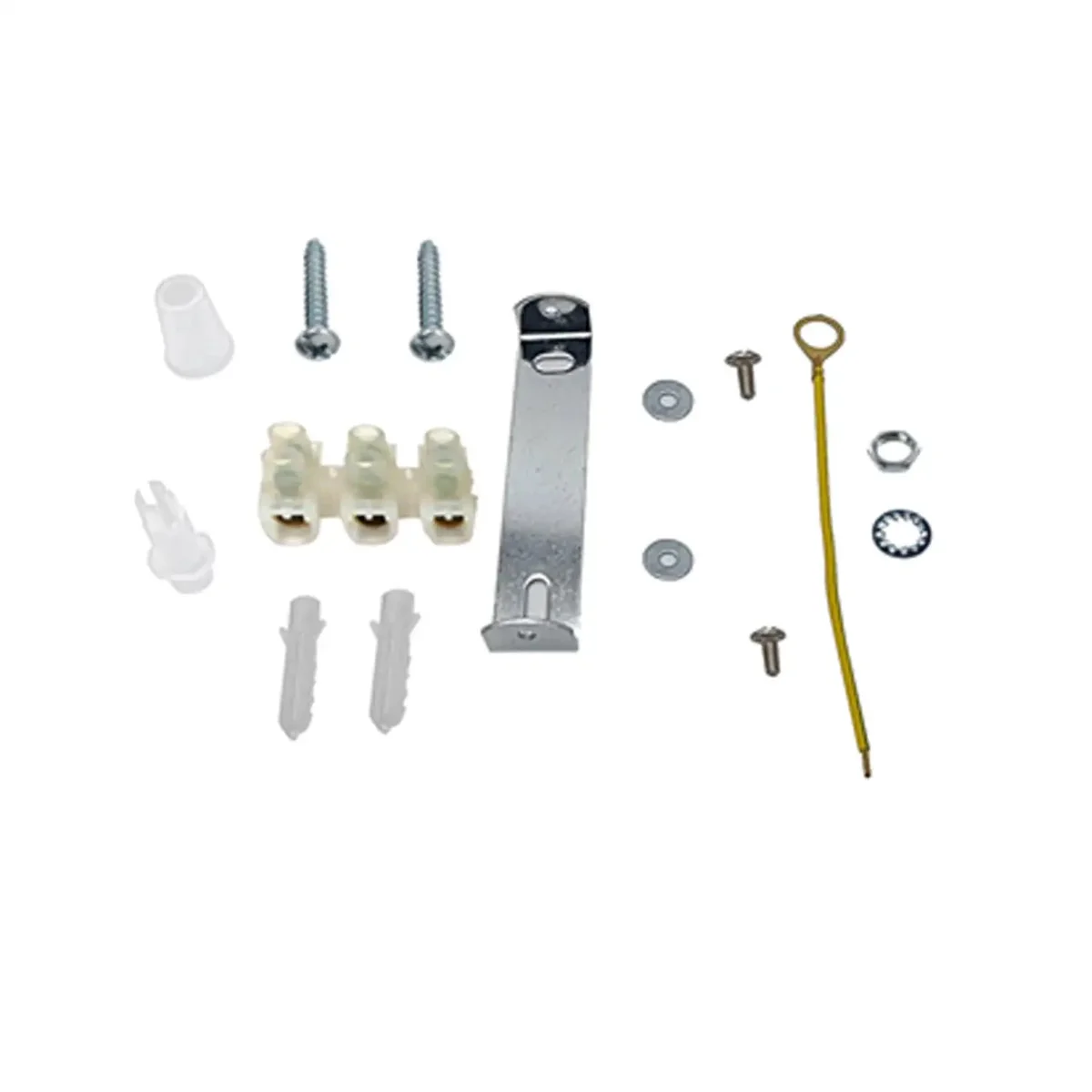 Silver metal ceiling bracket with mounting hardware including screws, nuts, wall plugs, and earth lead accessories