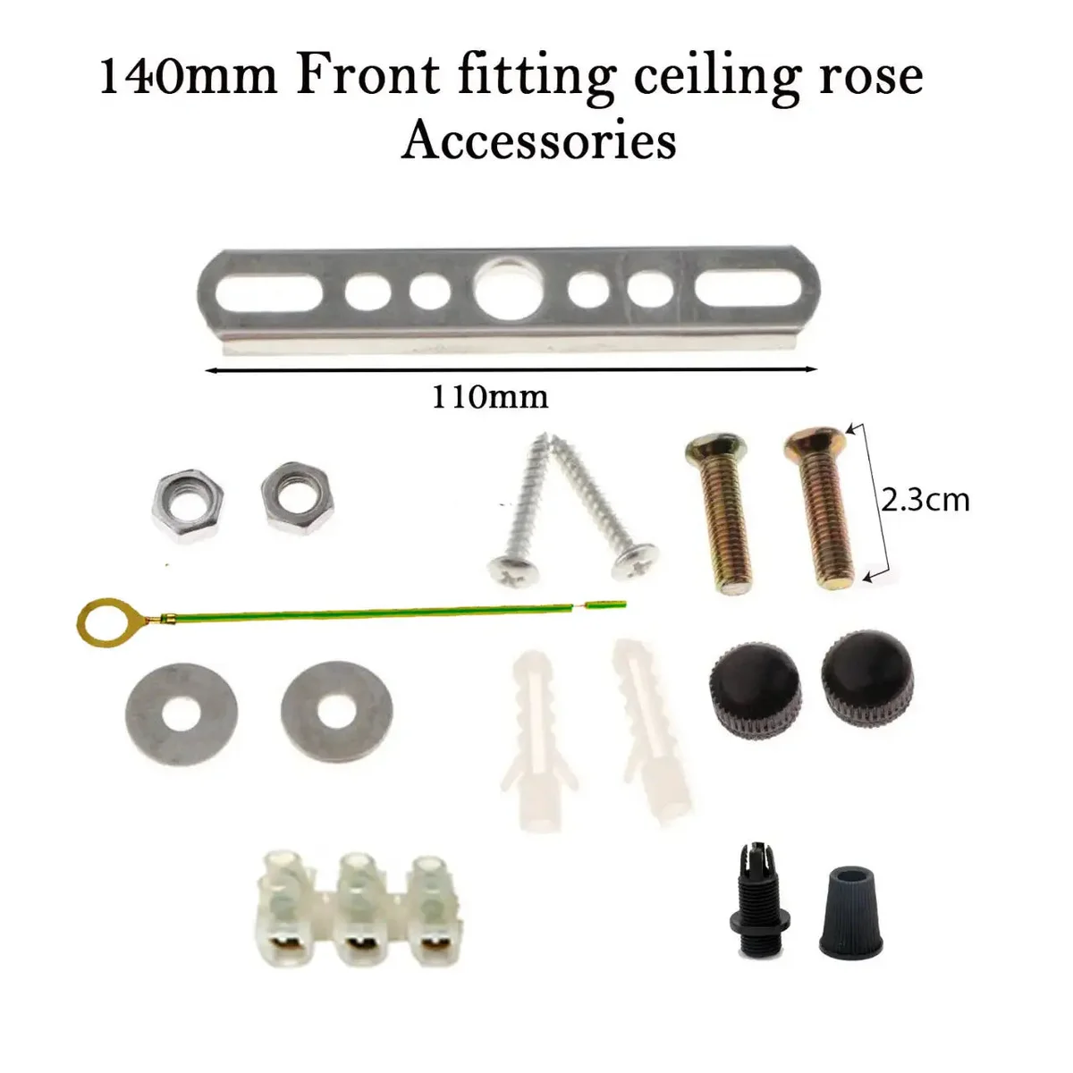 Silver metal ceiling plate bracket with screws, nuts, wall plugs, and earth lead lamp fixing accessories set