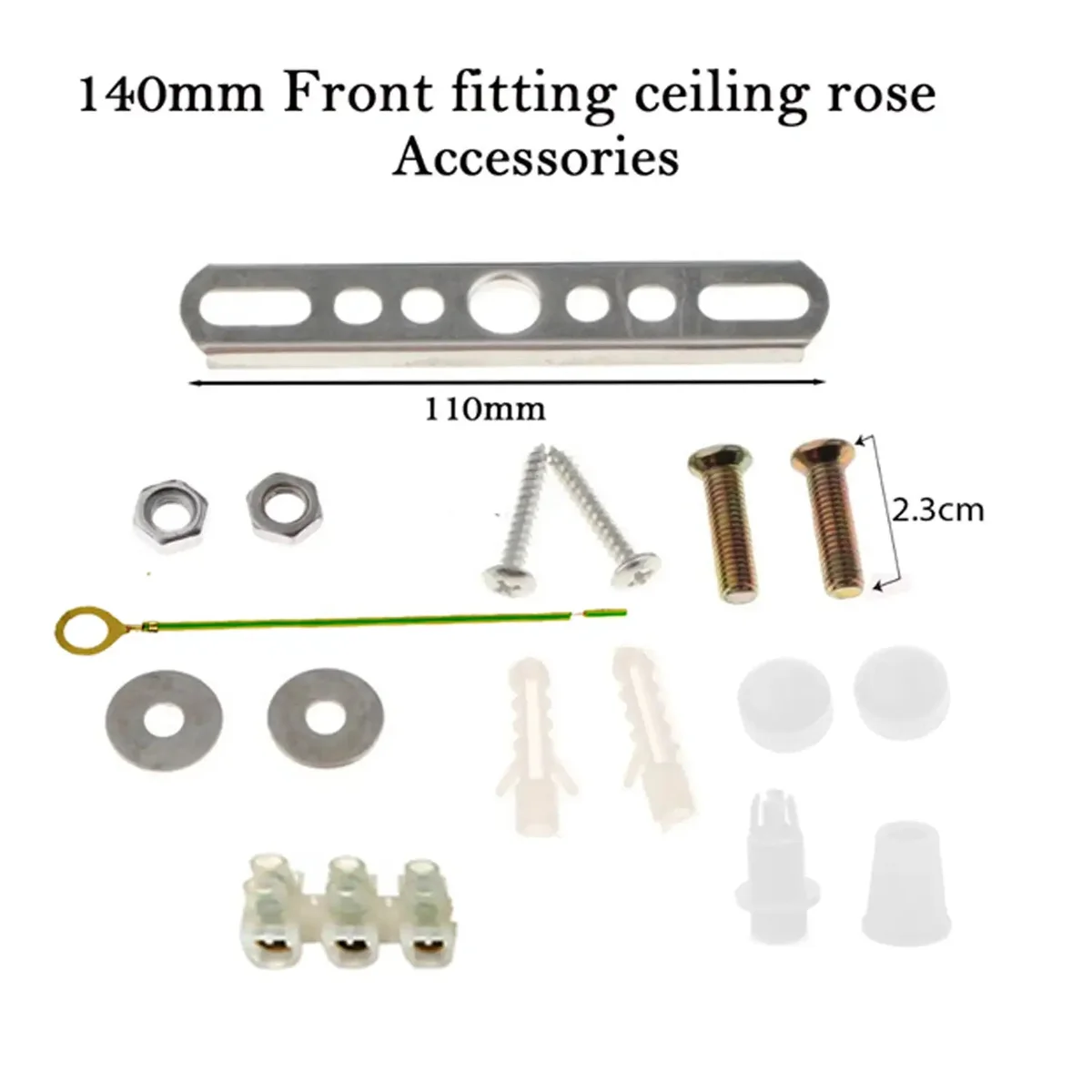 Silver metal chandelier ceiling plate with mounting hardware including screws, nuts, wall plugs, and earth lead on white background