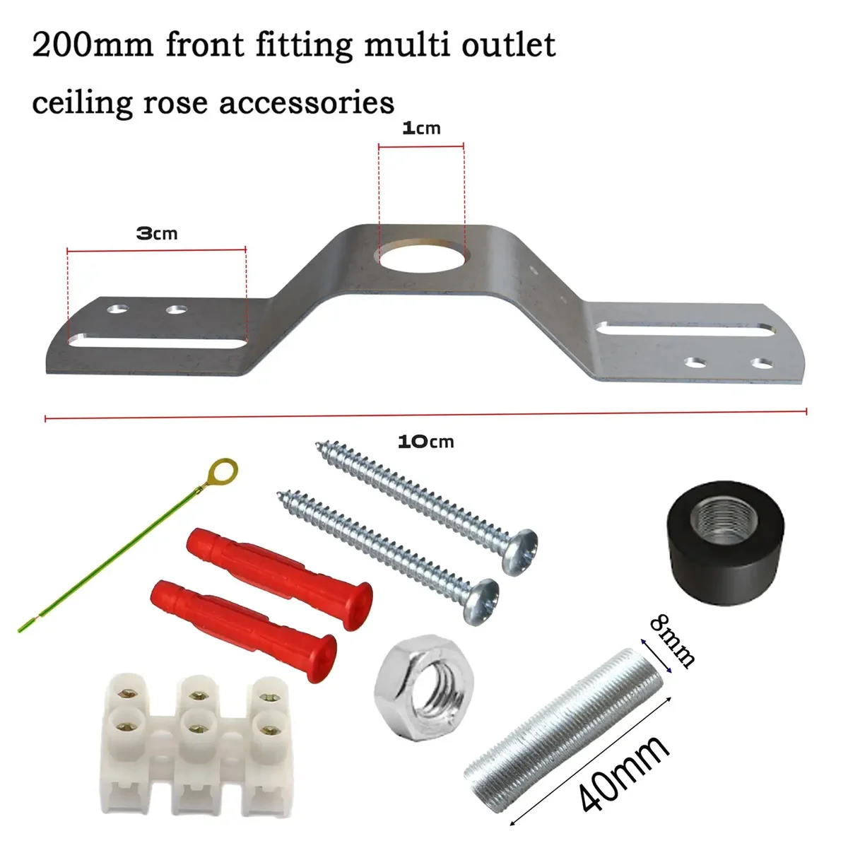 Silver metal pendant light bracket with mounting hardware including screws, nuts, wall plugs, and earth lead components
