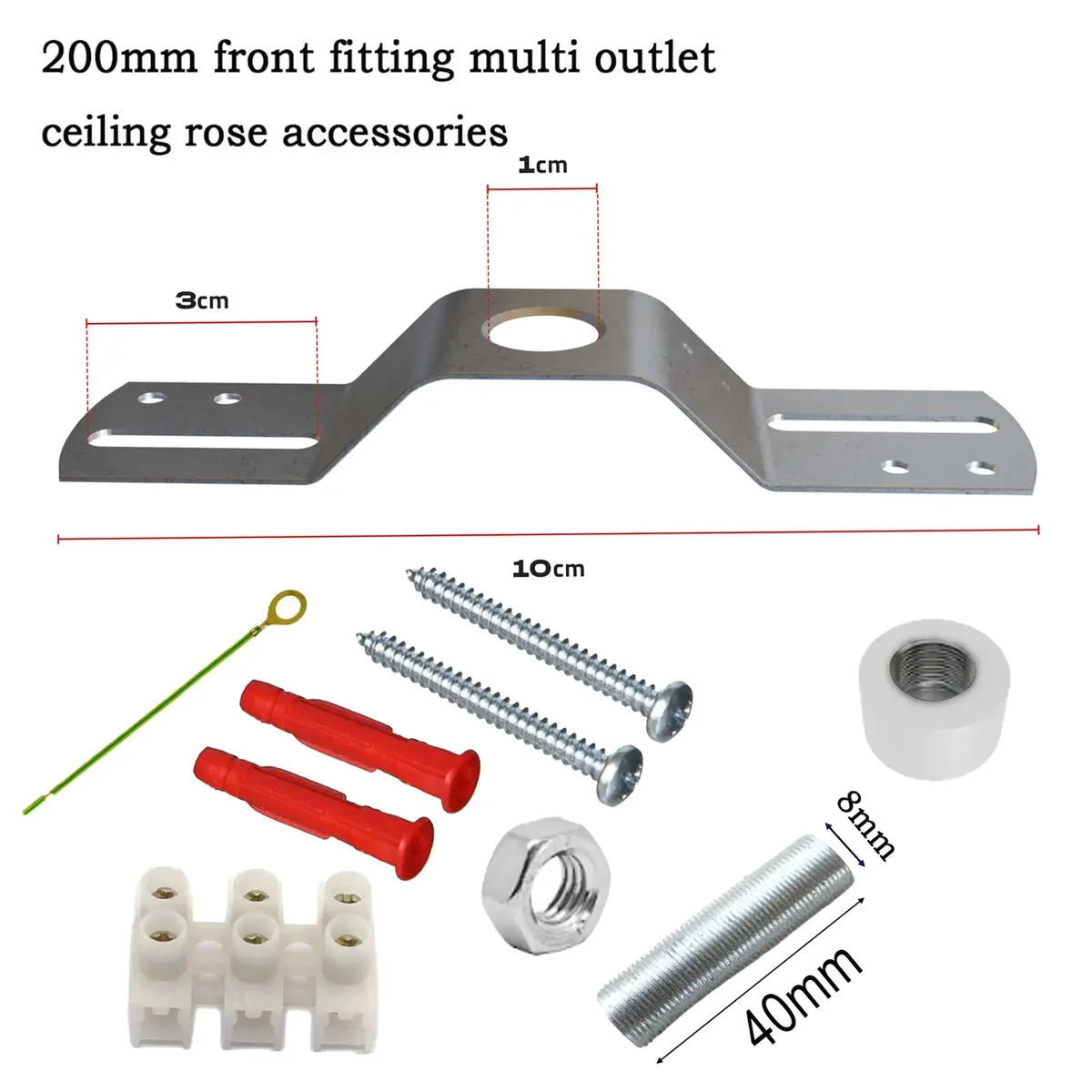 Silver metal ceiling plate bracket with mounting hardware including screws, nuts, wall plugs, and earth lead accessories