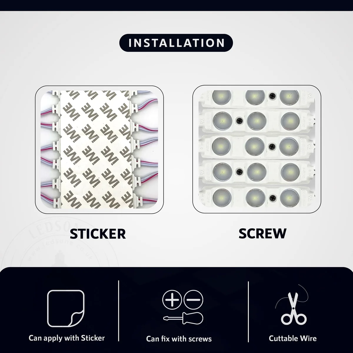 Warm white 12v LED modules showing three bright SMD LEDs on a slim, waterproof aluminium strip with adhesive backing