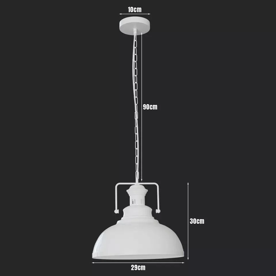 White metal retro industrial pendant light with curvy shade and adjustable 90cm chain hanging from ceiling