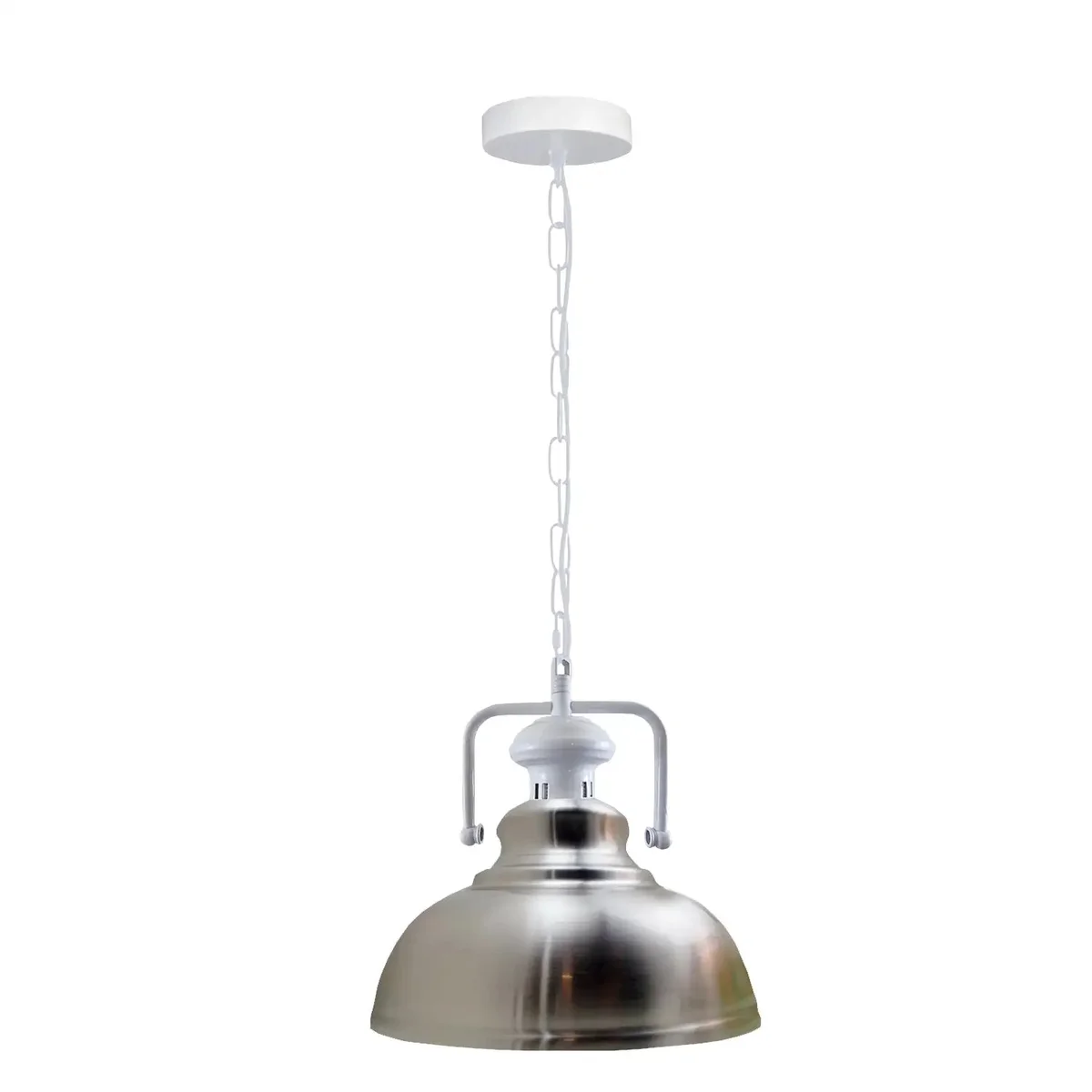 White metal pendant ceiling light with adjustable chain hanging over a wooden kitchen island in a modern room