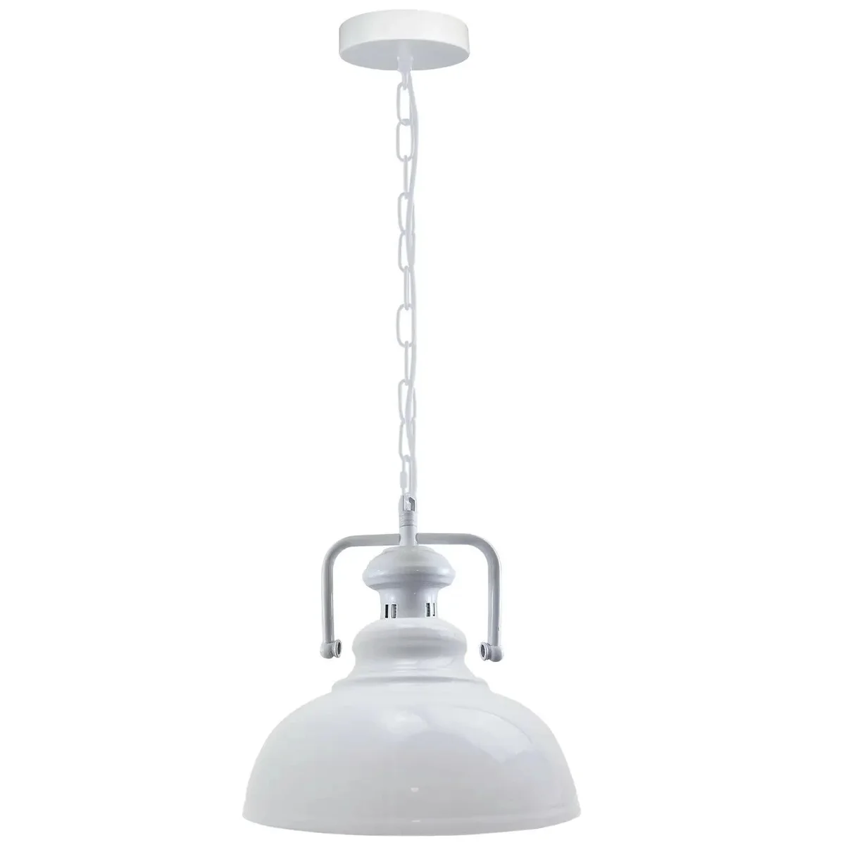 White metal pendant ceiling light with curved shade and adjustable chain hanging against a plain background