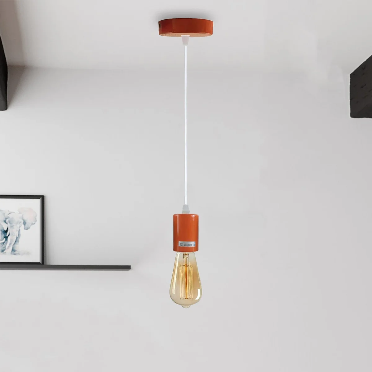Industrial style E27 ceiling light fitting with metal and PVC pendant lamp holder and 95cm black wire hanging from ceiling plate