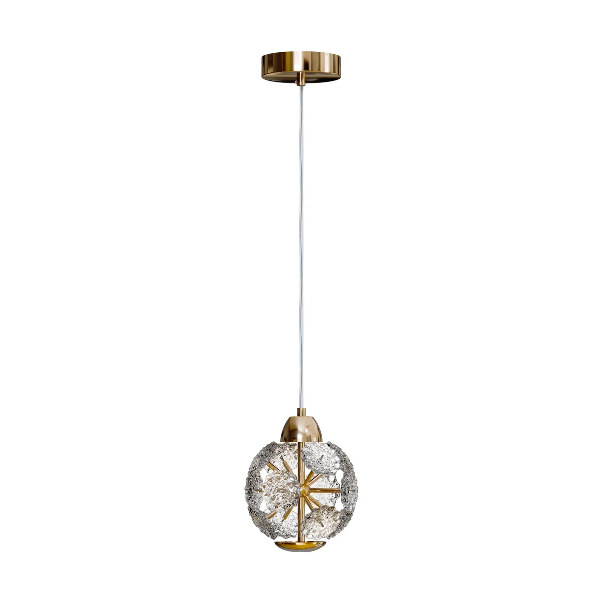 Vintage style ceiling lamp with round amber textured crystal glass shade and adjustable hanging cable against white background