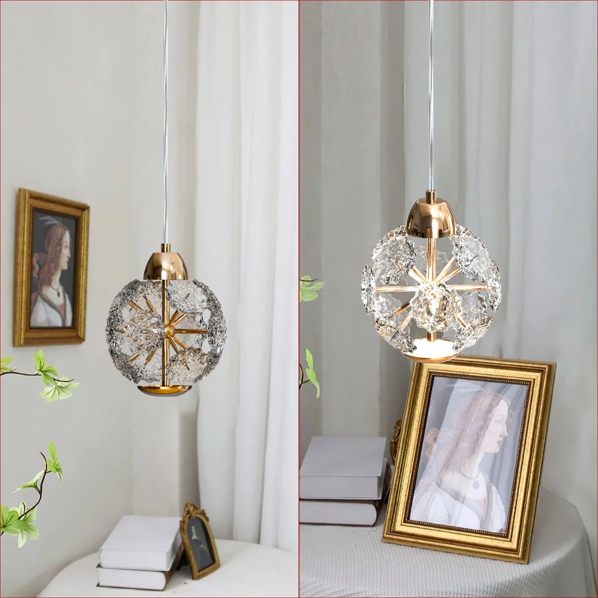 Round amber crystal glass pendant light with textured panels and adjustable metal cable hanging from ceiling