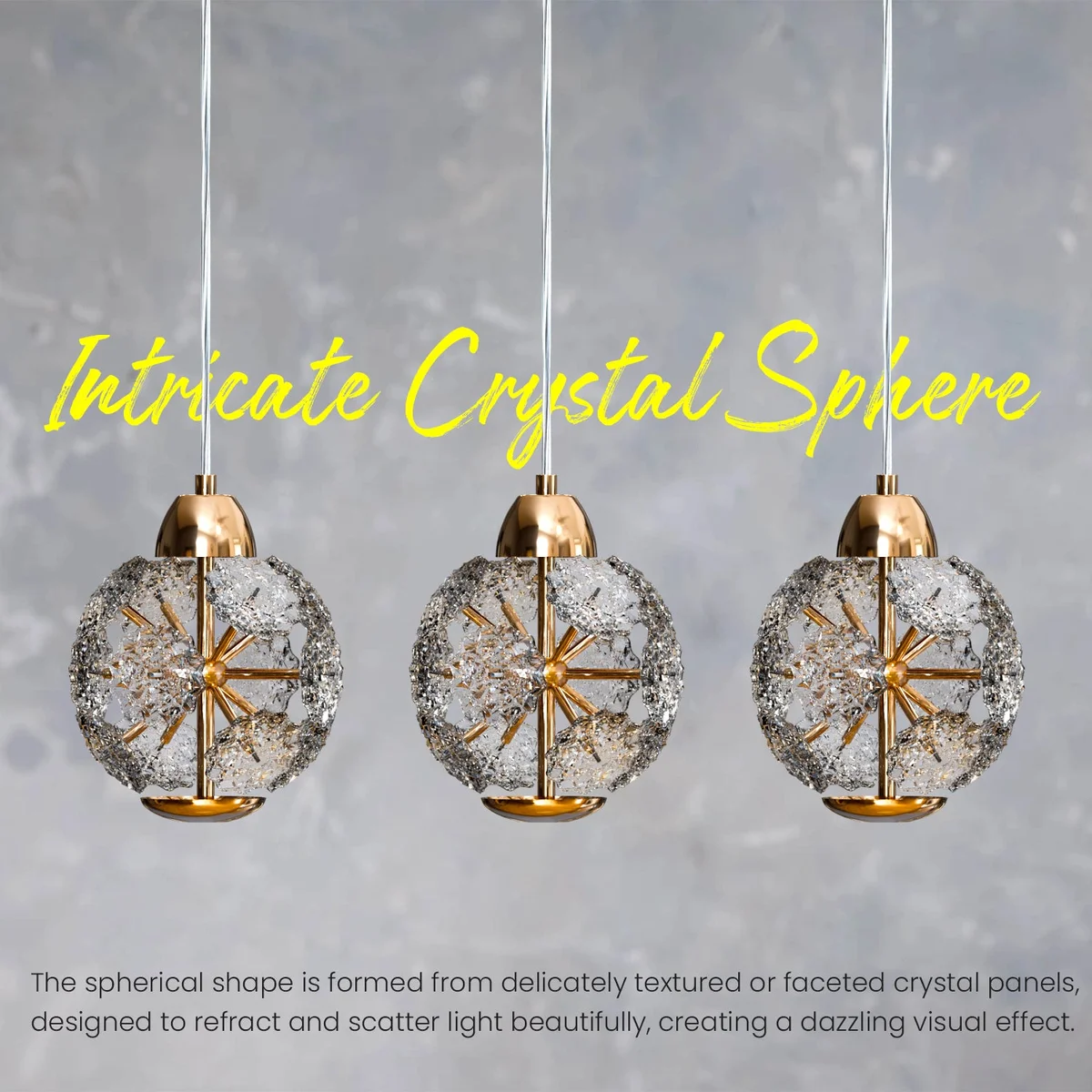 Modern pendant light with round amber textured crystal glass shade hanging from adjustable metal cable against white background