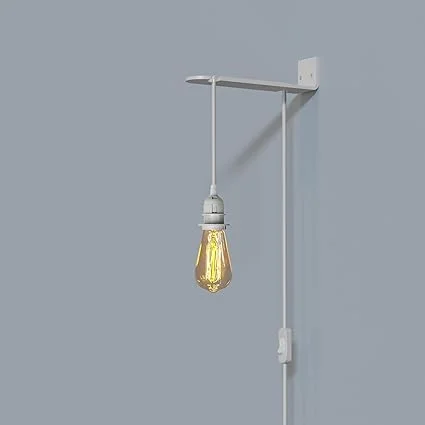 Vintage E27 plug in pendant light with metal holder, PVC hanging cable, optional wall bracket, modern style.
