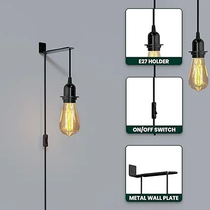 Modern adjustable cable wall lamp with metal holder and PVC hanging cable, single-head design, BS 3-pin plug, on-off switch.