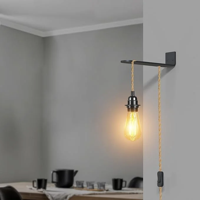 Modern single‑head plug in wall light with metal holder, PVC cable, BS 3‑pin plug and on‑off switch, connect to E27 bulb.