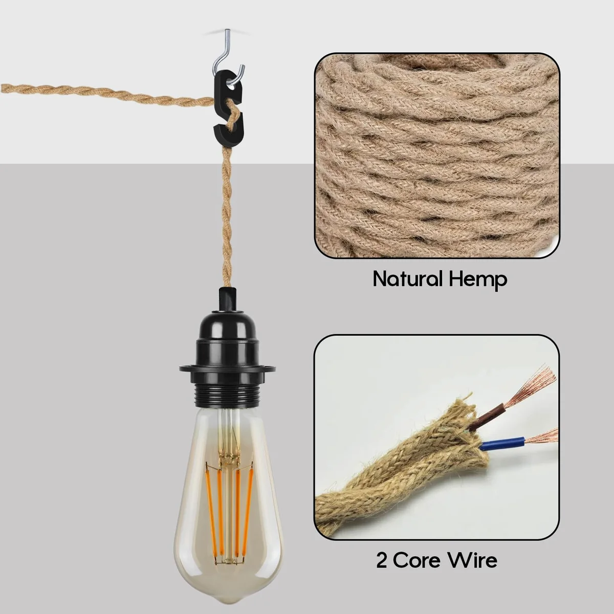 Modern indoor pendant light, single‑head metal holder with E27 socket, PVC hanging cable, sleek wall mount bracket