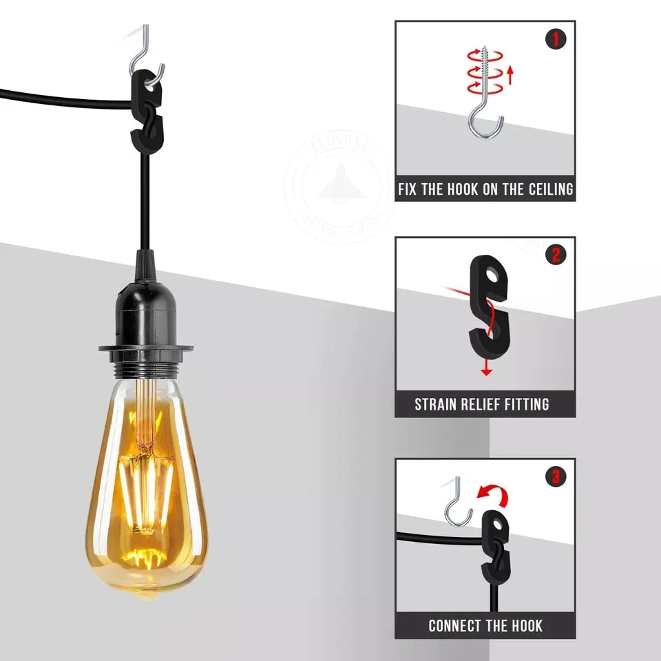 Vintage metal wall mounted pendant light with single head, PVC cable, on‑off switch and 3‑pin plug, suited for indoor use.