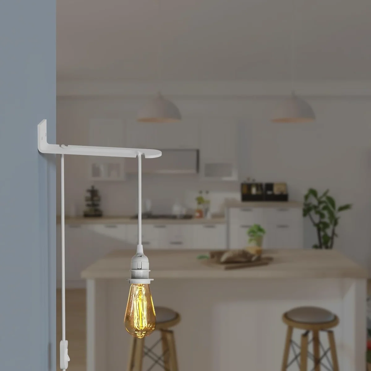 Metal mounted plug in pendant light with single head, hanging from PVC cable, wall bracket visible.