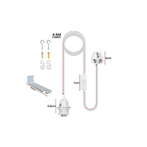 Metal plug in pendant light hanging from wall with PVC cable and optional bracket, featuring E27 socket.