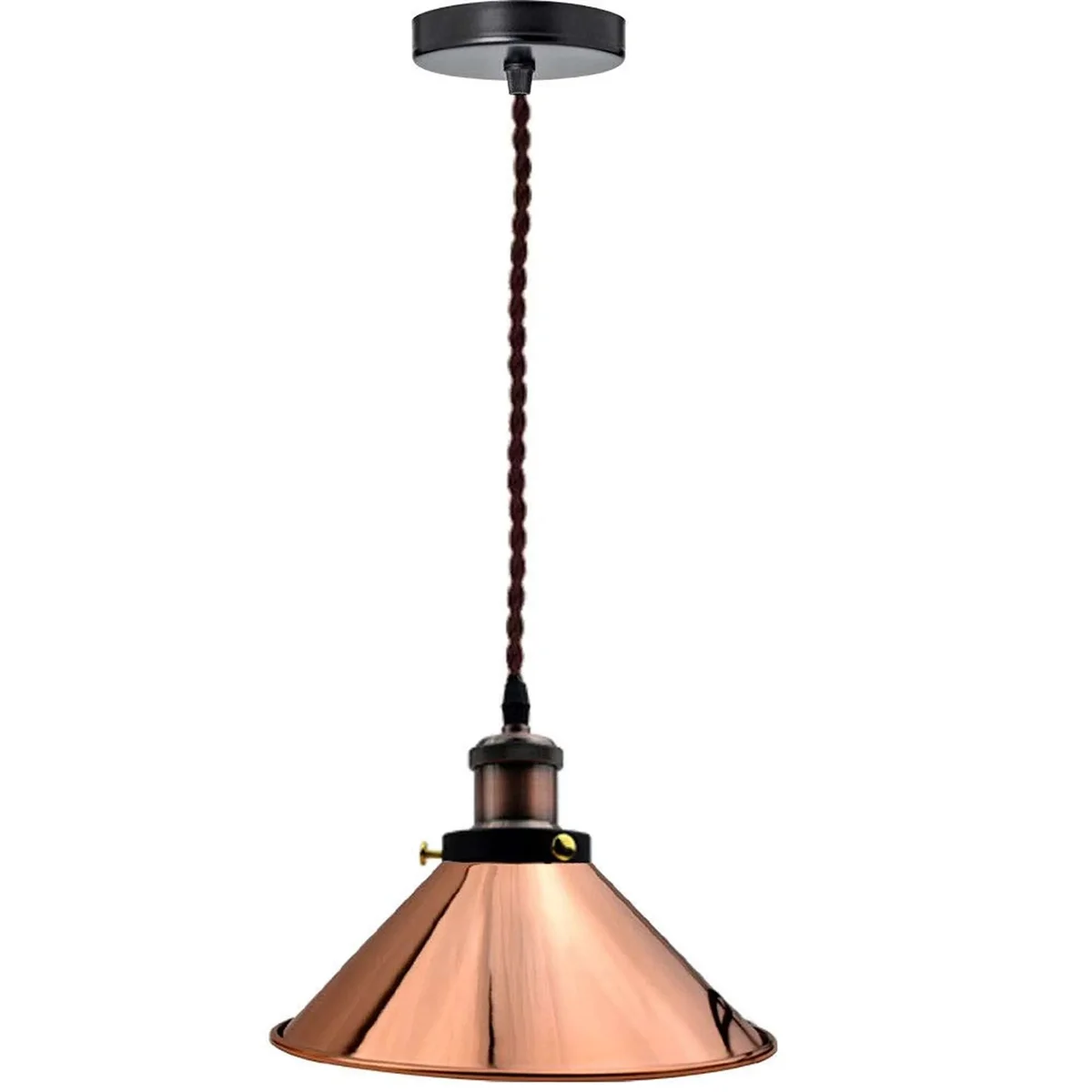 Vintage pendant light with single metal cone lampshade, twisted fabric cable, and ceiling rose, in antique retro style