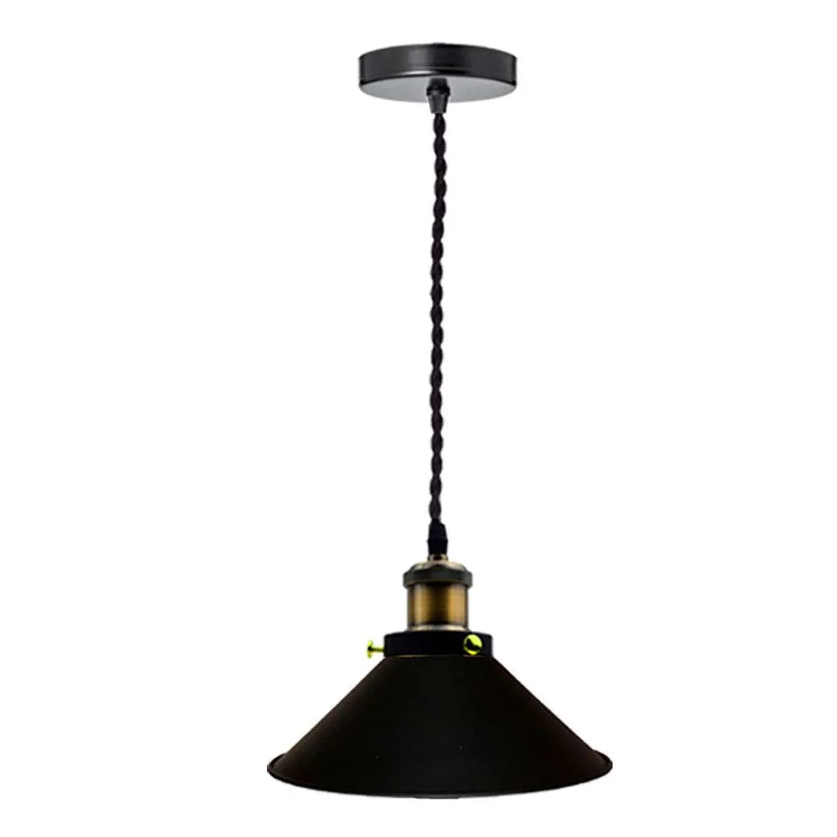 Vintage style single head pendant light with metal cone lampshade and twisted fabric cable, ceiling mounted, black finish