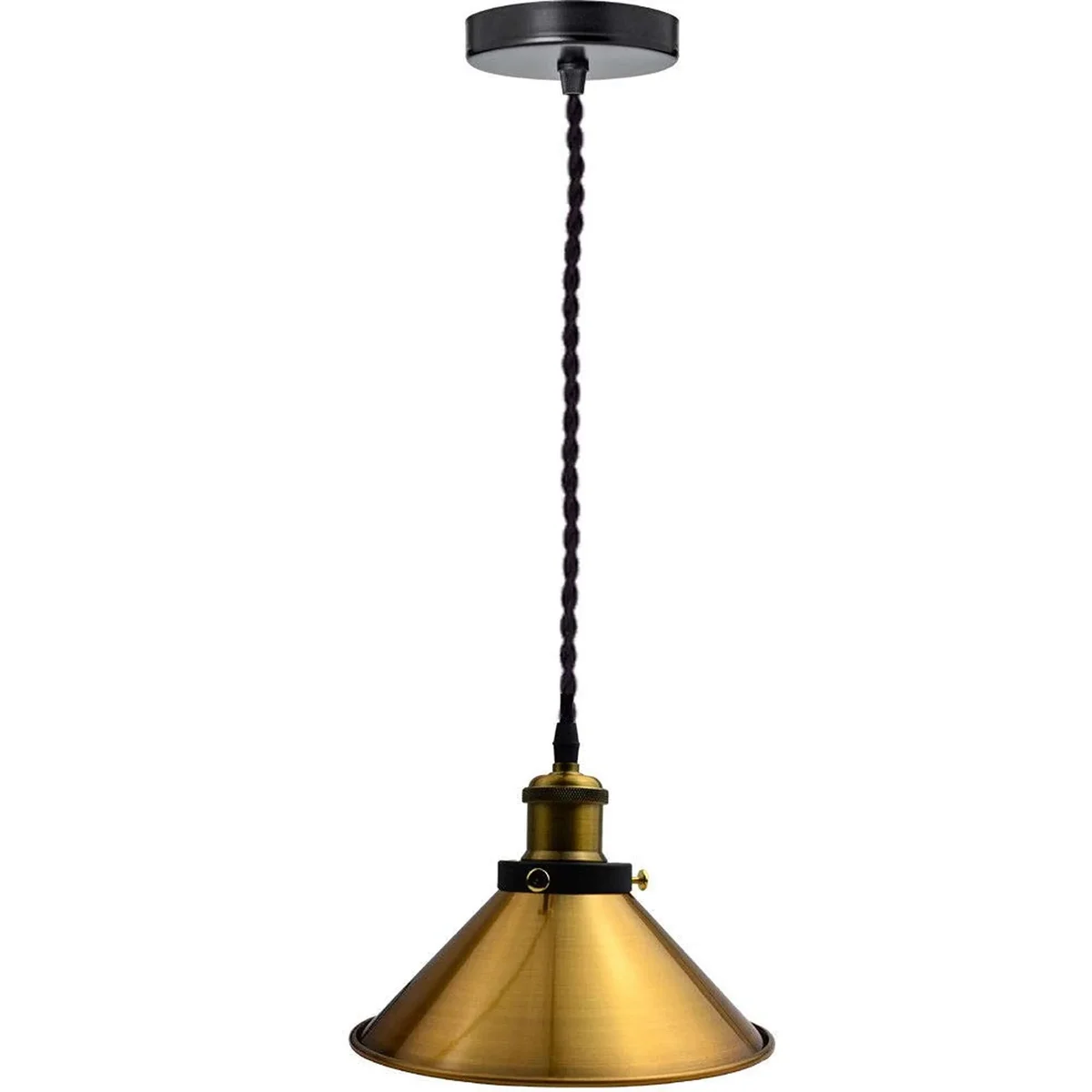Vintage metal single head pendant light with cone lampshade and twisted fabric cable, ceiling mounted, adjustable height