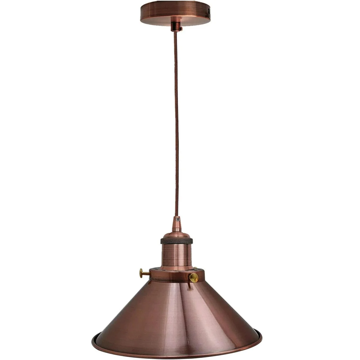 Vintage metal cone pendant light with twisted fabric cable hanging from ceiling mount, adjustable length up to 95 cm
