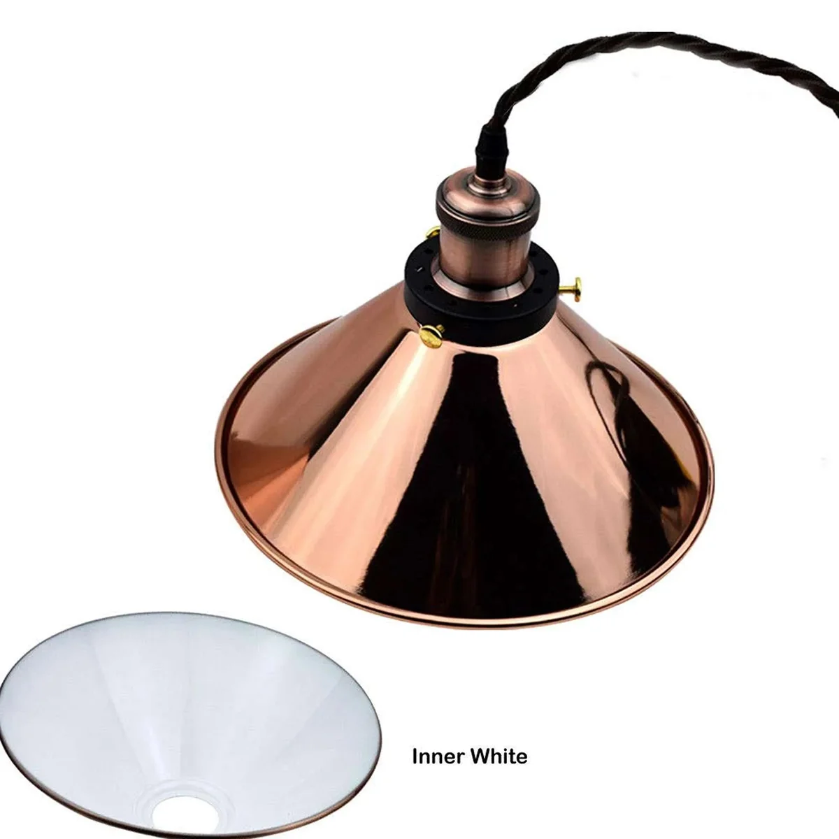 Vintage metal cone adjustable pendant light with twisted fabric cable and ceiling rose, ideal for indoor use