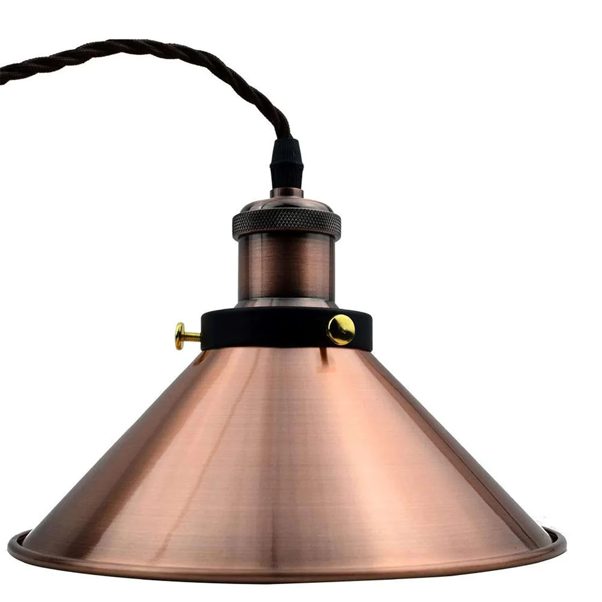 Vintage metal cone lampshade pendant light with twisted fabric cable, suitable for E27 bulb pendant, ceiling mounted design