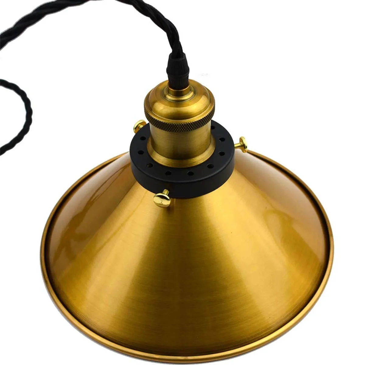 Vintage pendant light with single metal cone lampshade, twisted fabric cable, and ceiling rose, adjustable length up to 95cm