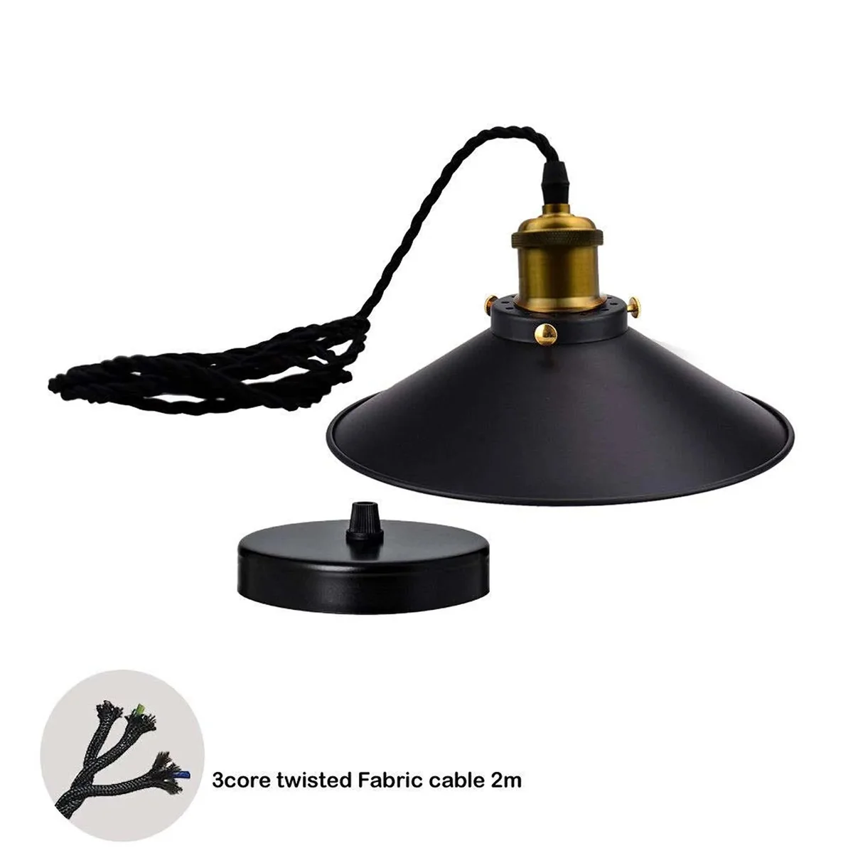 Vintage pendant light with single metal cone lampshade and twisted fabric cable, ceiling mounted, adjustable 95cm length