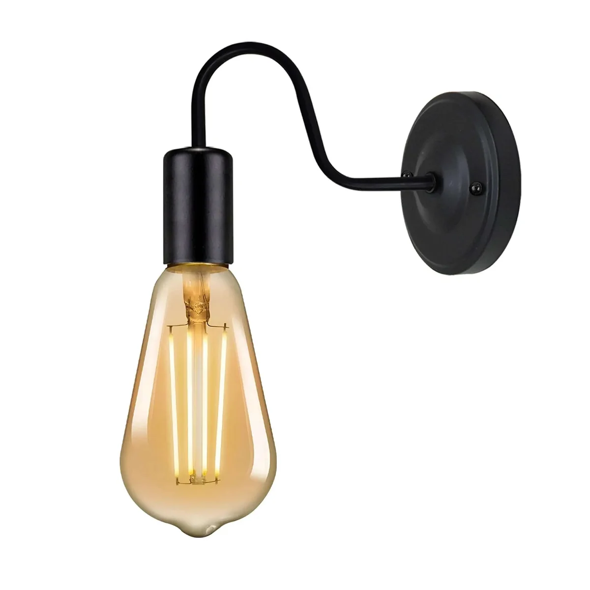 Antique black swan neck metal wall light indoor with vintage industrial design and E27 bulb fitting mounted on white wall