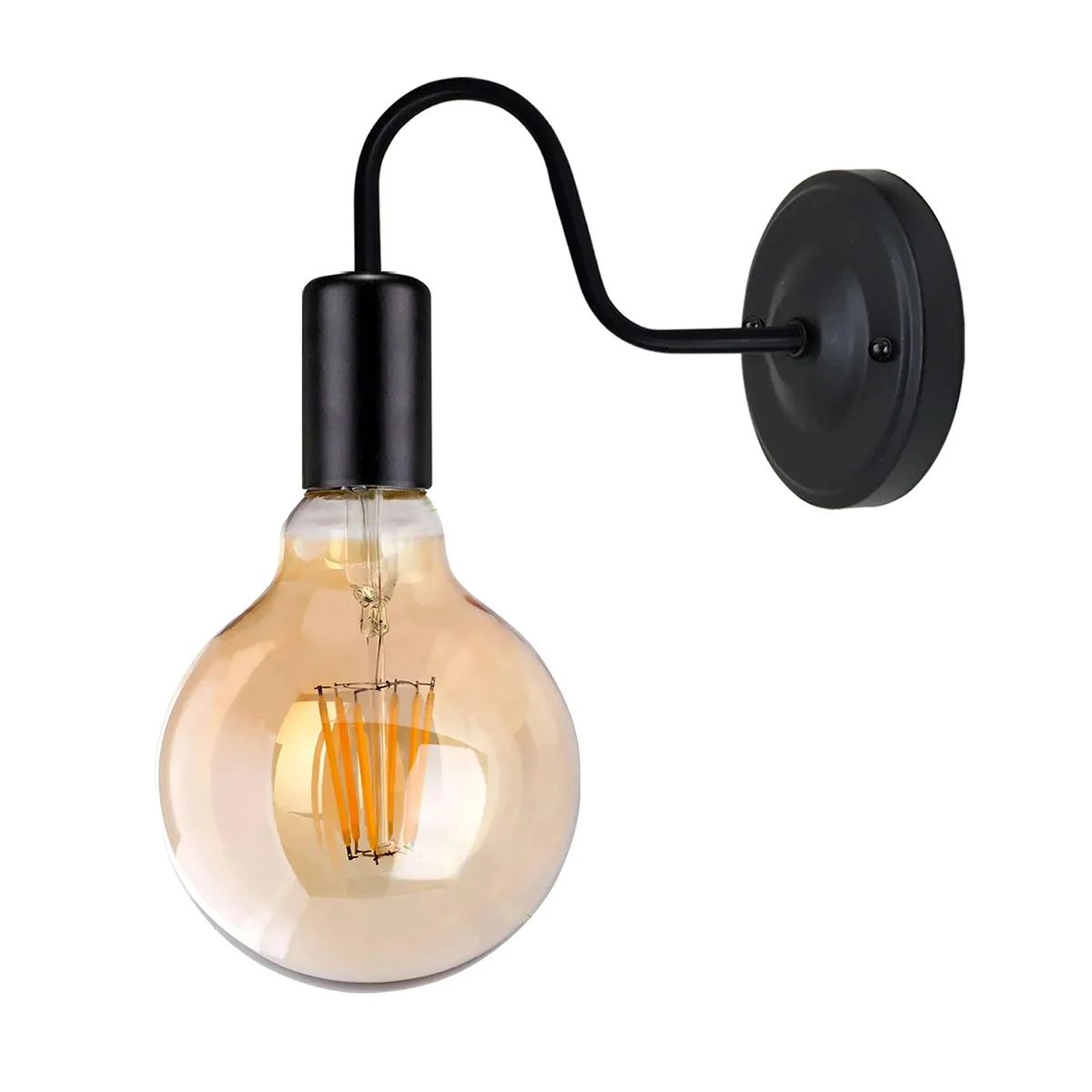 Antique black swan neck painted metal wall light with E27 bulb holder mounted on a white indoor wall
