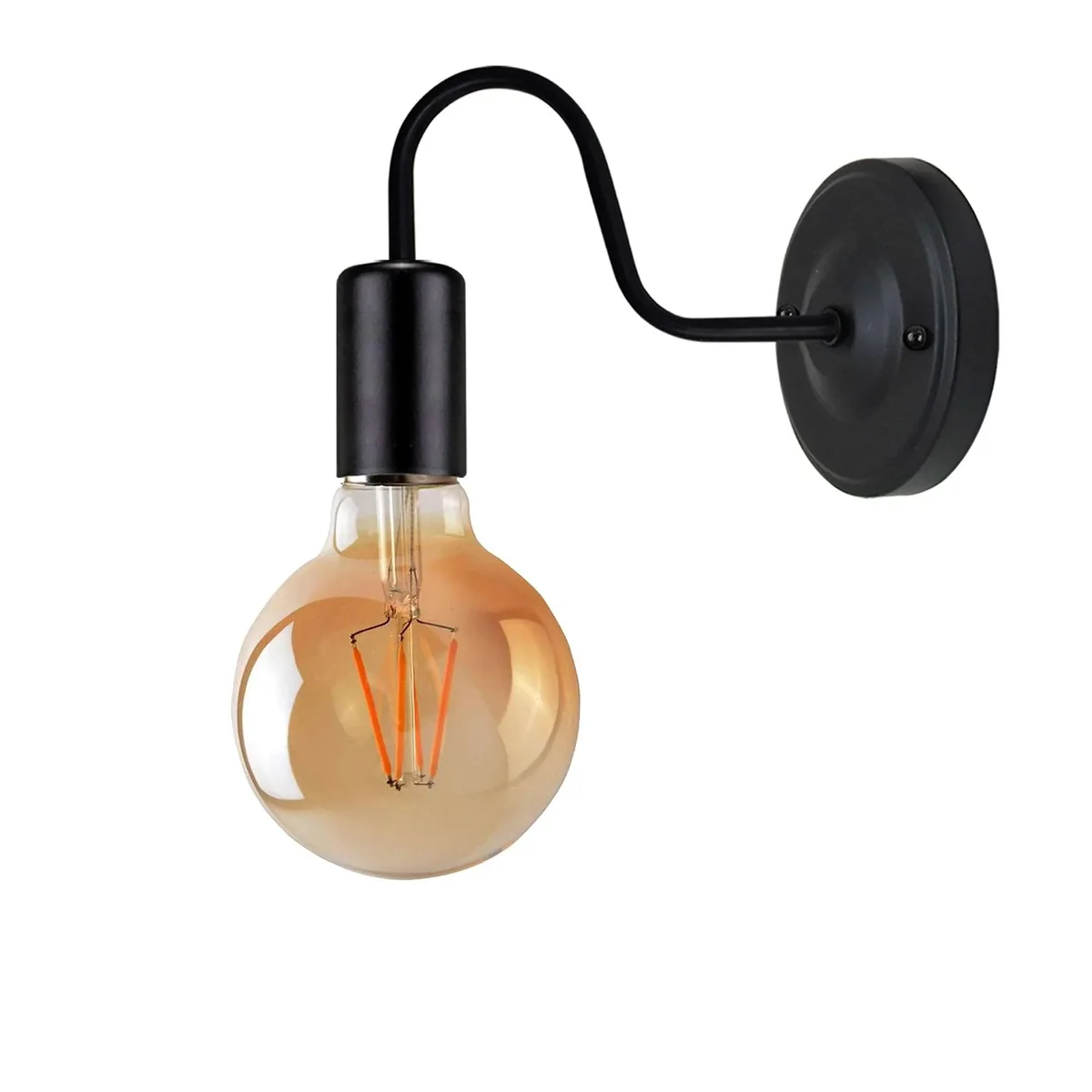 Antique black swan wall light with curved metal arm and vintage industrial design mounted on white indoor wall